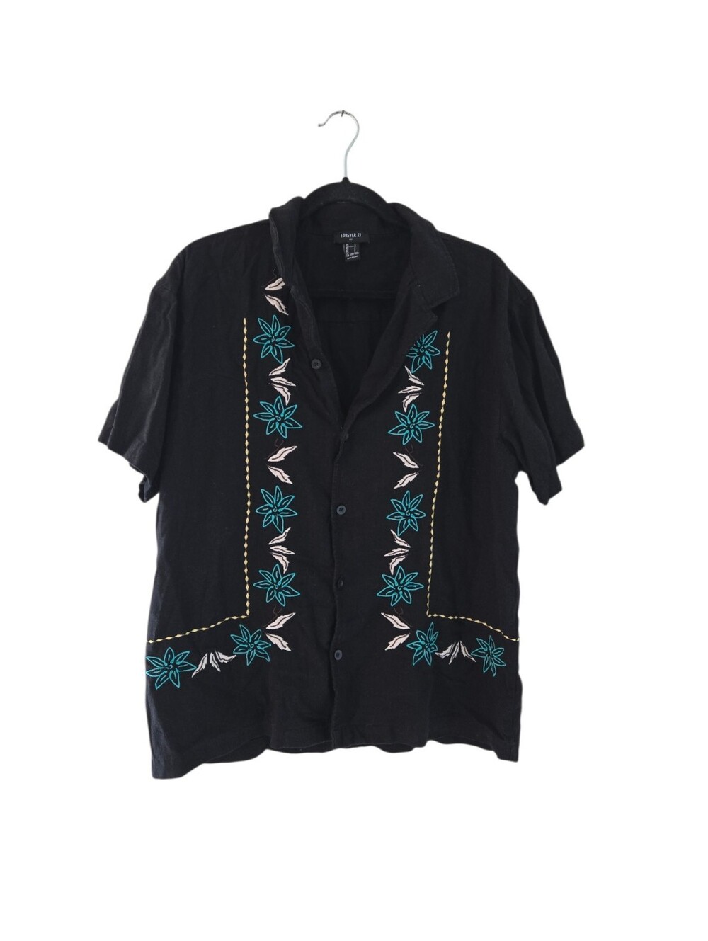 Forever 21 Men's Black Embroidered Short-Sleeve Button Shirt Sze L